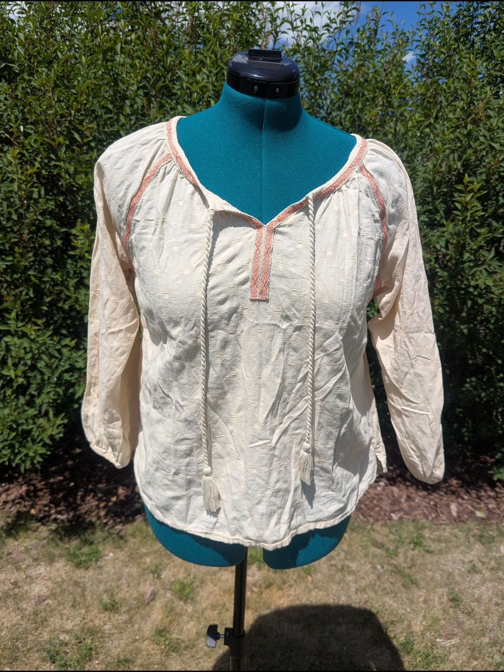 Prana Cream Peasant Blouse with Coral Trim